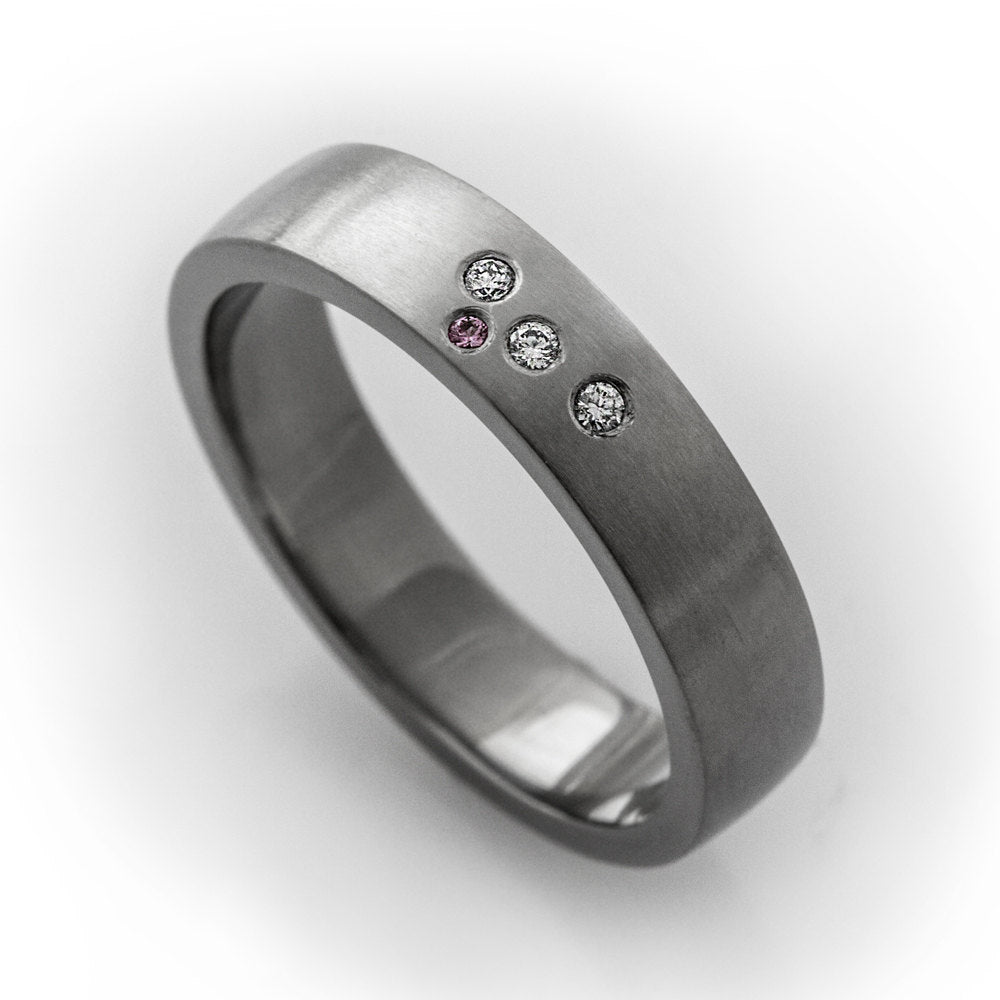 Unique wedding band, modern engagement ring, simple wedding ring, pink sapphire, diamond wedding band, flush set ring, matte diamond ring