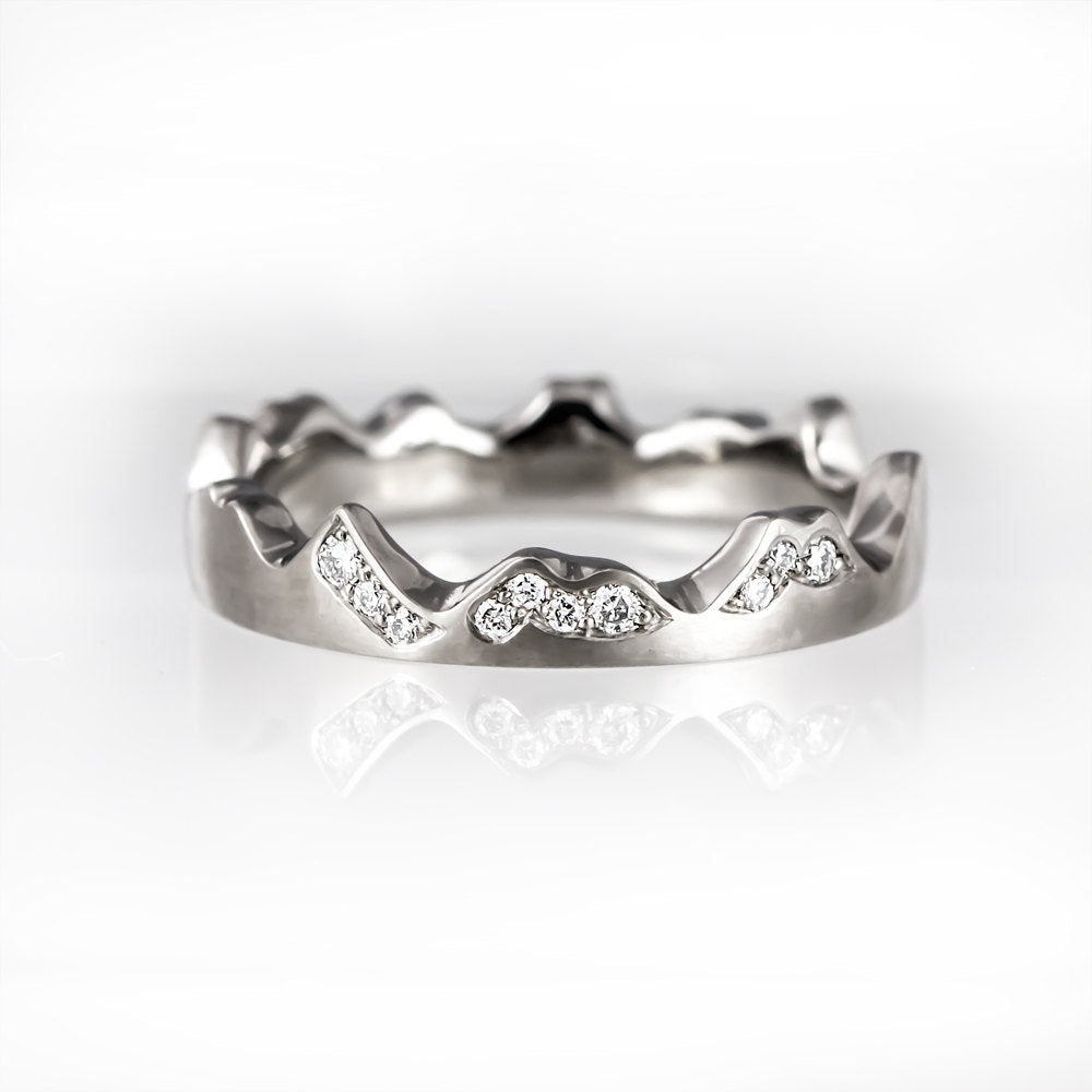 Unique engagement ring, unique wedding band, mountains ring, alternative engagement ring, contemporary white gold ring, crown ring