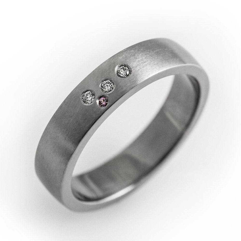 Unique wedding band, modern engagement ring, simple wedding ring, pink sapphire, diamond wedding band, flush set ring, matte diamond ring