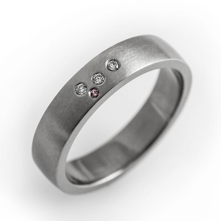 Unique wedding band, modern engagement ring, simple wedding ring, pink sapphire, diamond wedding band, flush set ring, matte diamond ring
