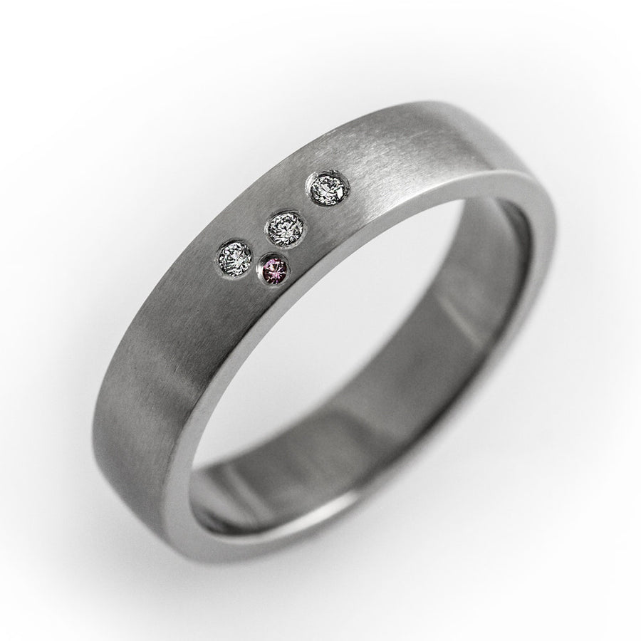 Unique wedding band, modern engagement ring, simple wedding ring, pink sapphire, diamond wedding band, flush set ring, matte diamond ring