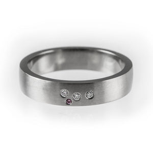 Unique wedding band, modern engagement ring, simple wedding ring, pink sapphire, diamond wedding band, flush set ring, matte diamond ring