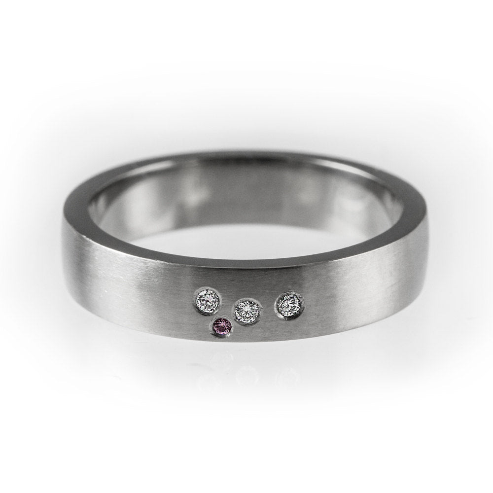 Unique wedding band, modern engagement ring, simple wedding ring, pink sapphire, diamond wedding band, flush set ring, matte diamond ring